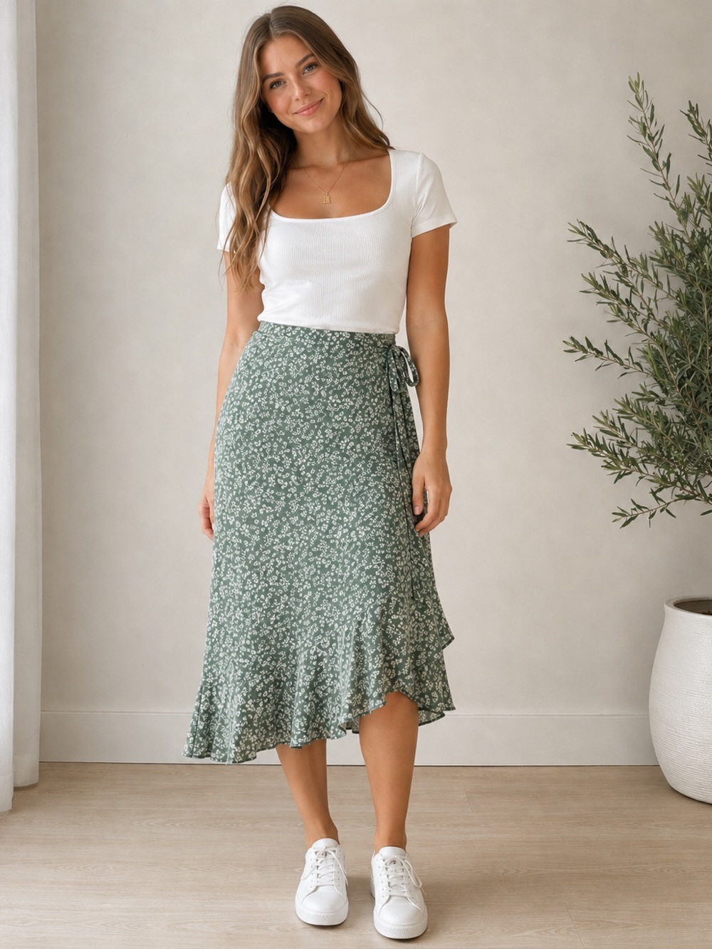 Lyaner Women's Green Floral Wrap Skirt with Ruffle Hem | Size 10